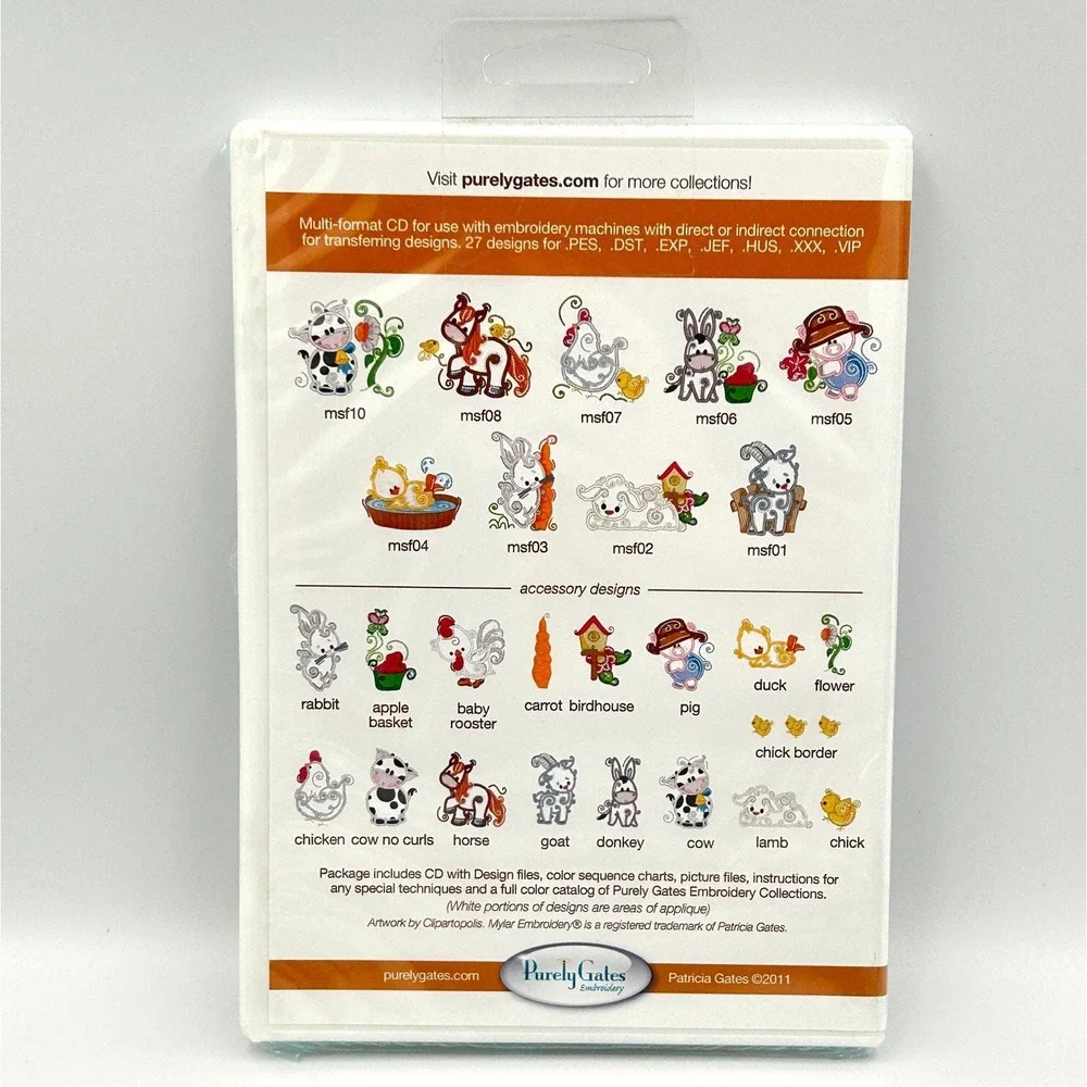 Purely Gates Farm‎ Animal Machine Embroidery CD Applique Mylar 5x7 Hoop NEW